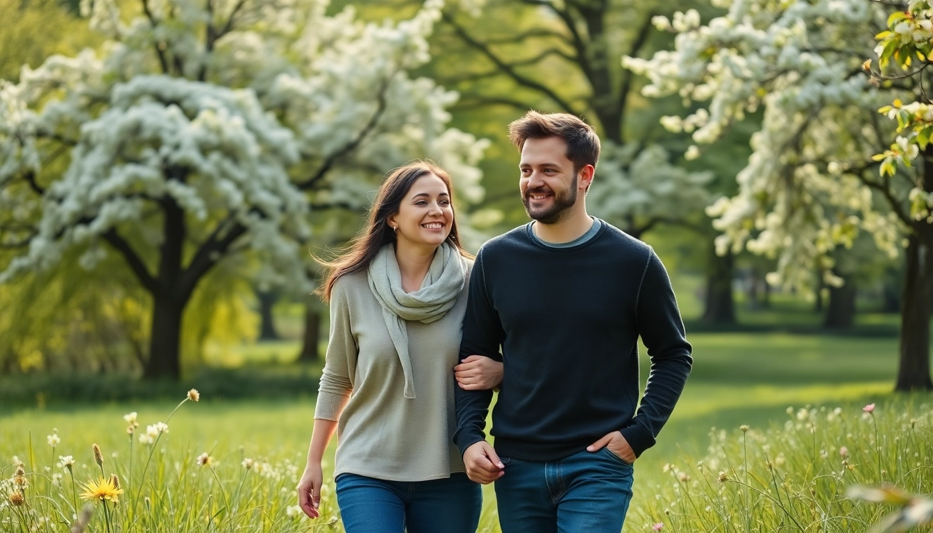 Un couple souriant illustrant le chemin vers trouver l’âme sœur dans un parc uni.