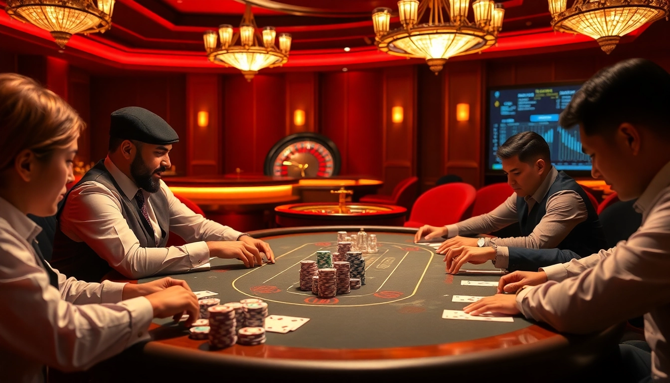 A high-stakes poker game with professional players showcasing strategic gameplay at https://lode88.fising/.