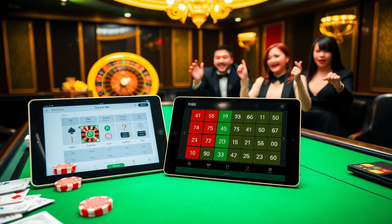 Xx88 rút tiền showcases players celebrating at a luxurious poker table in a vibrant casino scene.