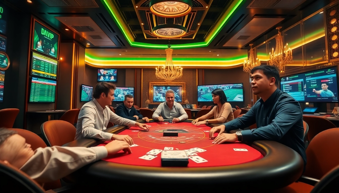 Bongvip casino scene with players at a poker table, highlighting an exciting online betting atmosphere.