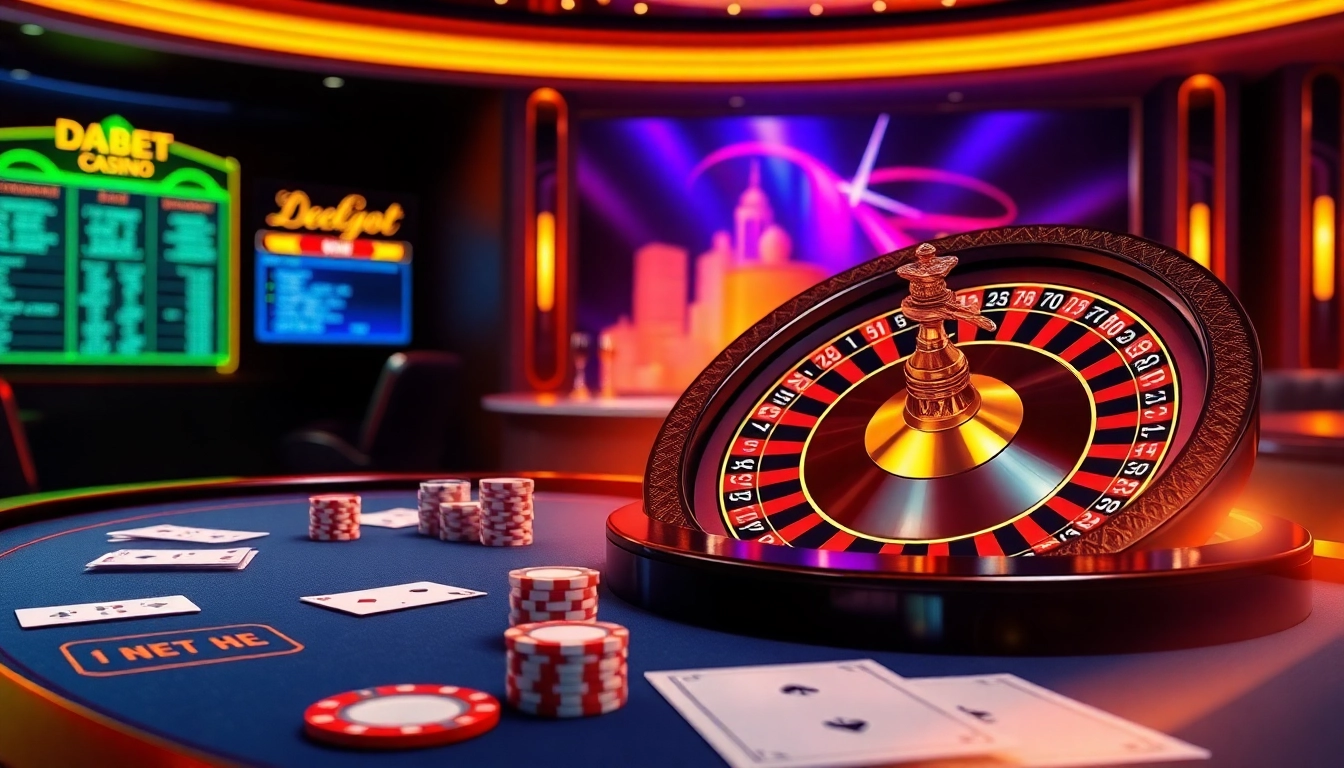 Dabet rút tiền with a vibrant online casino interface showcasing poker chips and a roulette wheel.