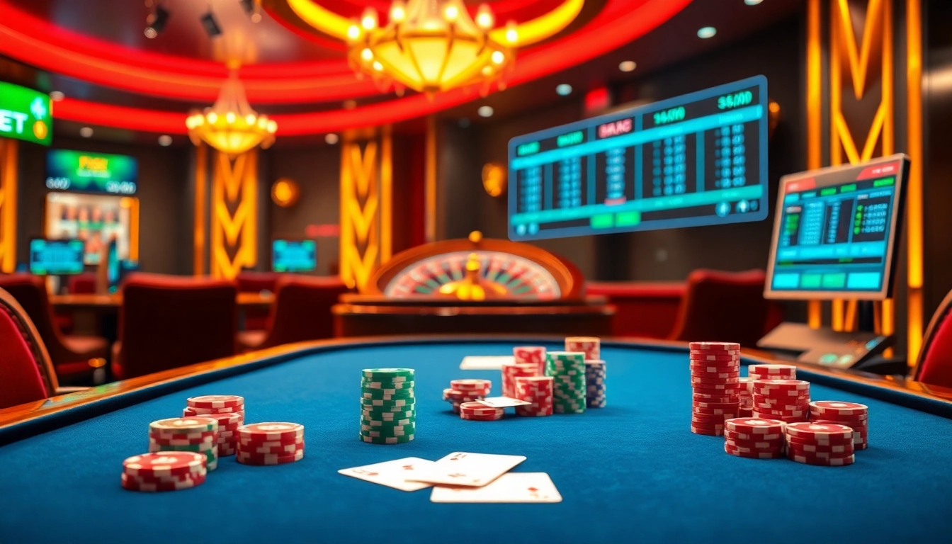 Exciting betting action at fsbet nhà cái poker table with colorful chips and cards.