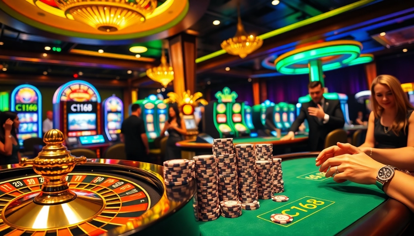 Exciting casino gambling scene showcasing c168 poker chips and roulette wheels.