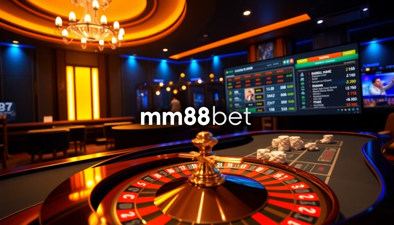 Experience thrilling gameplay at mm88bet with vibrant casino elements like roulette and poker chips.