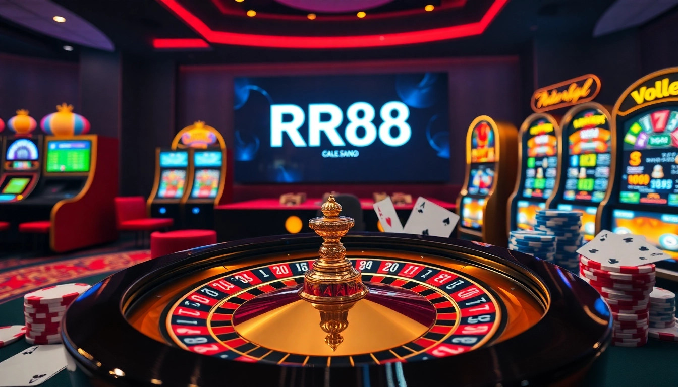 Experience the thrill of RR88's luxury online casino with roulette, poker chips, and vibrant slot machines.