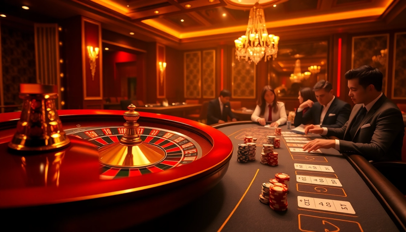 Experience the thrill of betting at Fsbet trang chủ with an immersive online casino scene featuring roulette and poker.